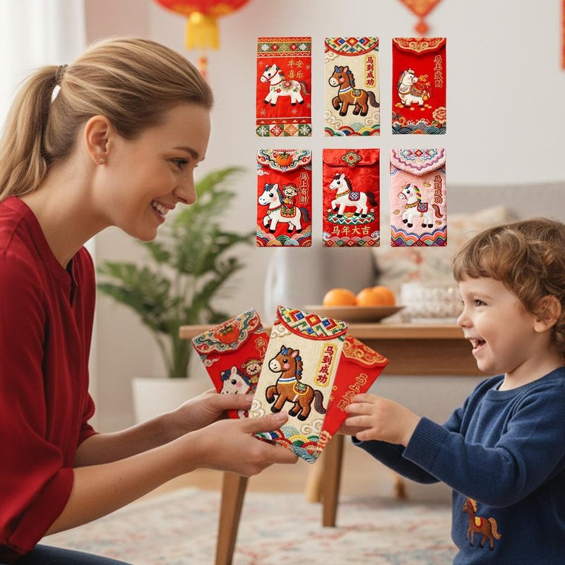 2026 Year Of The Horse Chinese New Year Red Envelopes, 6 Pcs Flat Embroidery Hong Bao for Spring Festival, Wedding & Birthday Party - Image 4